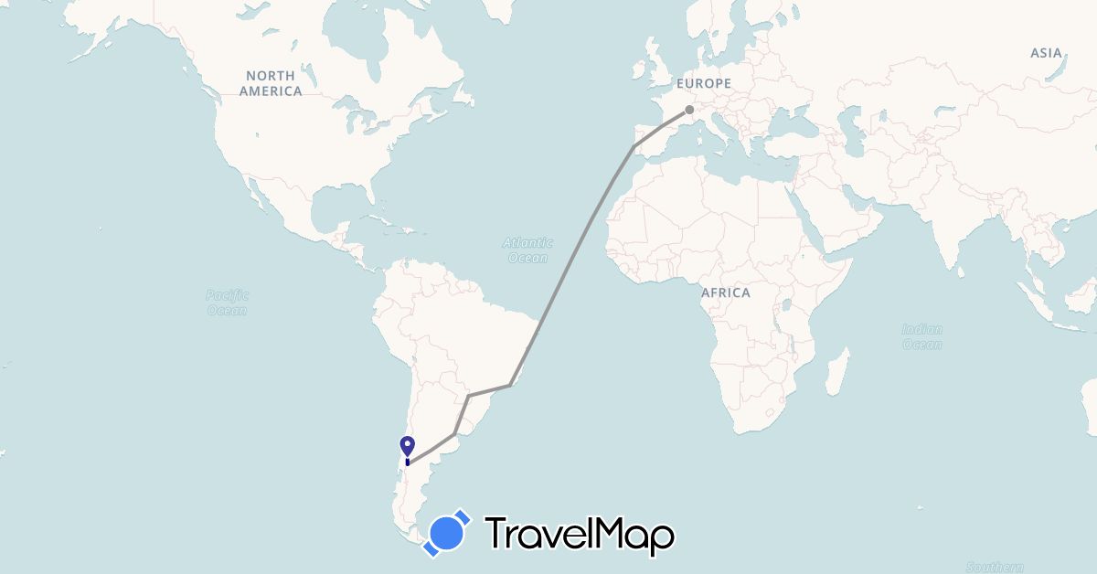 TravelMap itinerary: driving, bus, plane in Argentina, Brazil, Switzerland, Portugal (Europe, South America)